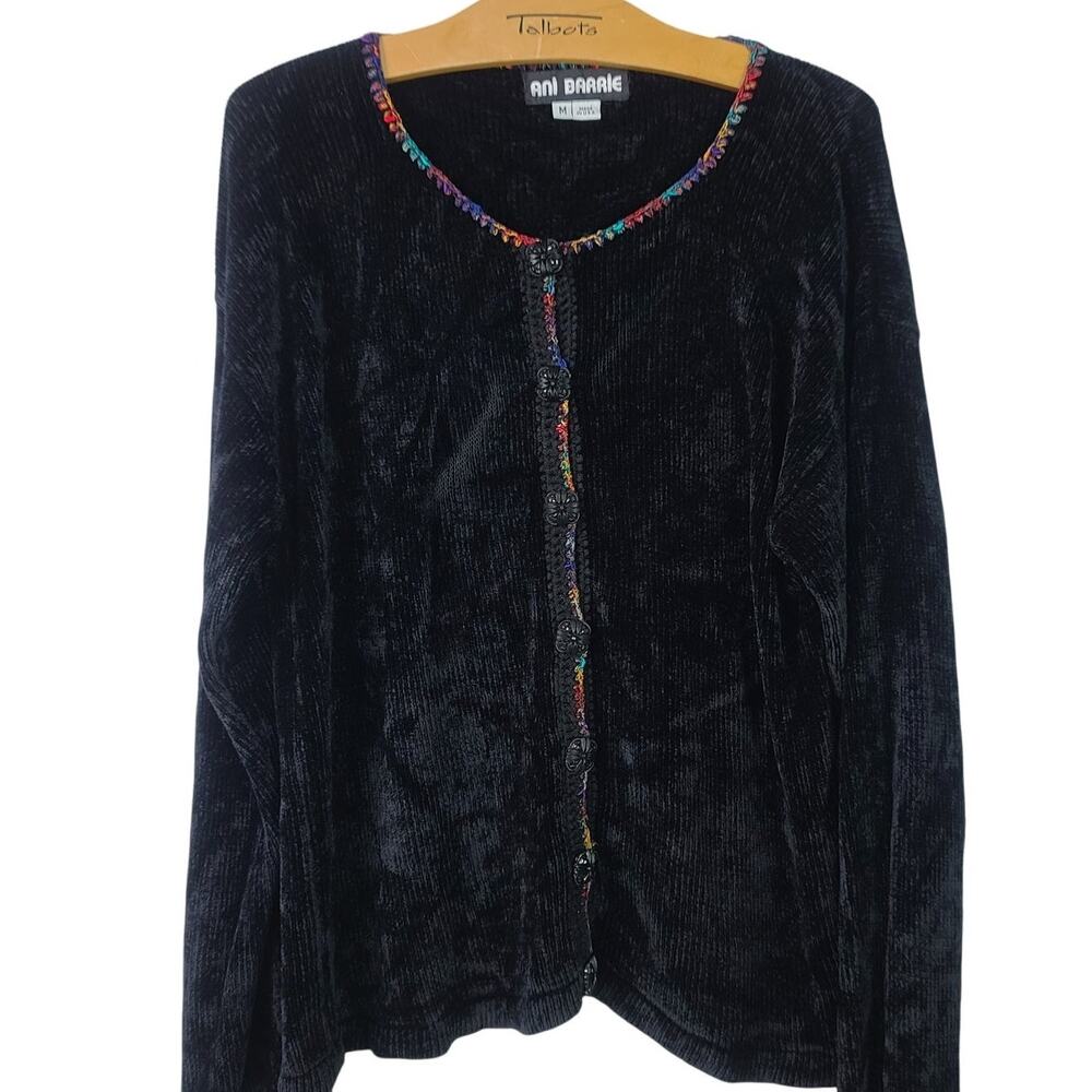 Ani Barrie USA Black Embellished Cardigan Soft Chenille Button Up Sweater Medium